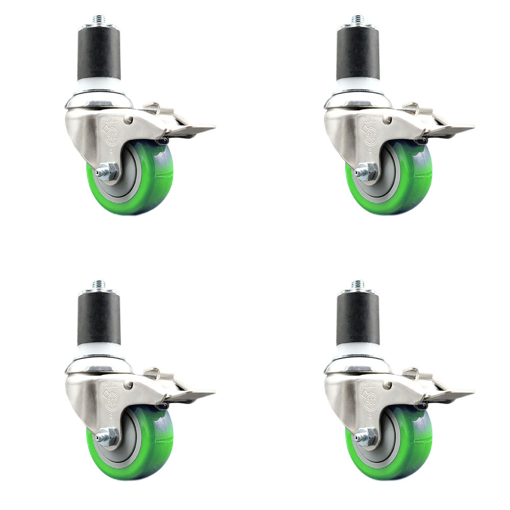 Polyurethane Swivel Stem Caster Set of 4 with 3 Inch Green Caster Wheels - 1-7/8" Expanding Stems - 316 Stainless Steel Casters - Includes 4 Swivel Casters with Total Lock Brakes- Service Caster Brand — photo 1