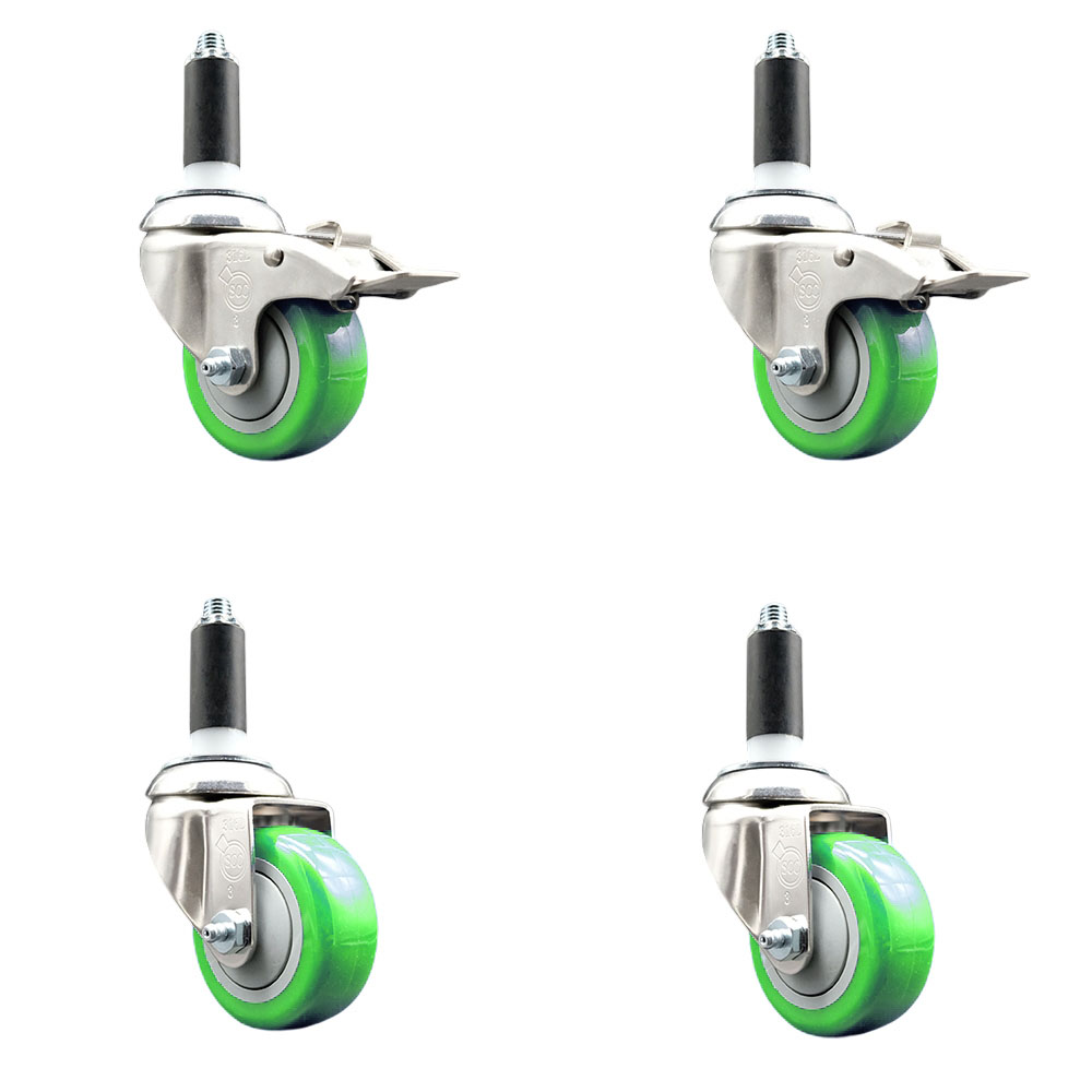 Polyurethane Swivel Stem Caster Set of 4 with 3 Inch Green Caster Wheels - 1" Expanding Stem -316 Stainless Steel Casters - Includes 2 Swivel with Total Lock Brakes and 2 Swivel - Service Caster Brand — photo 1