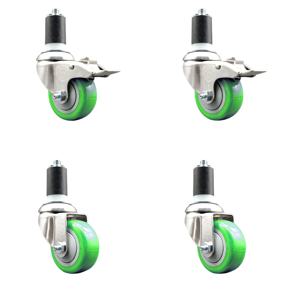 Polyurethane Swivel Stem Caster Set of 4 with 3 Inch Green Caster Wheels - 1-1/2" Expanding Stem -316 Stainless Steel Casters-Includes 2 Swivel with Total Lock Brakes and 2 Swivel-Service Caster Brand — photo 1