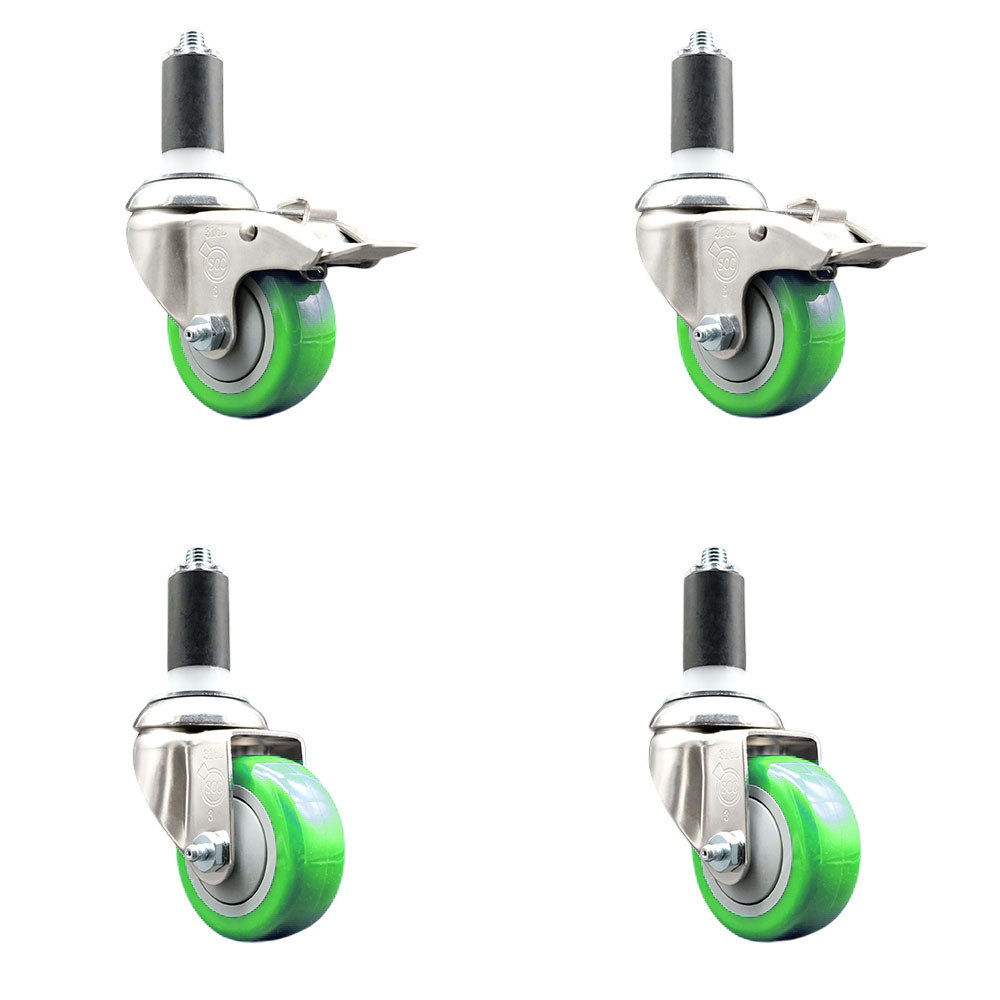 Polyurethane Swivel Stem Caster Set of 4 with 3 Inch Green Caster Wheels - 1-1/4" Expanding Stem -316 Stainless Steel Casters-Includes 2 Swivel with Total Lock Brakes and 2 Swivel-Service Caster Brand — photo 1