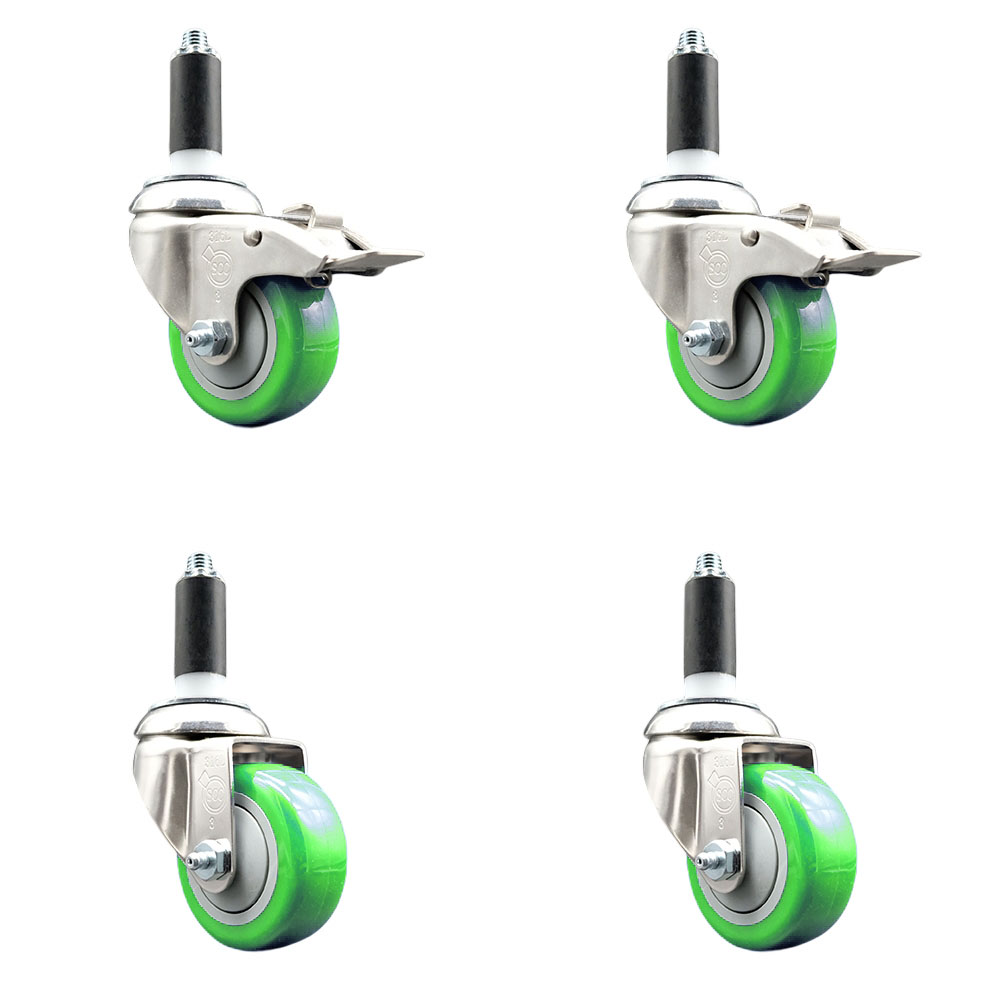 Polyurethane Swivel Stem Caster Set of 4 with 3 Inch Green Caster Wheels - 1-1/8" Expanding Stem -316 Stainless Steel Casters-Includes 2 Swivel with Total Lock Brakes and 2 Swivel-Service Caster Brand — photo 1