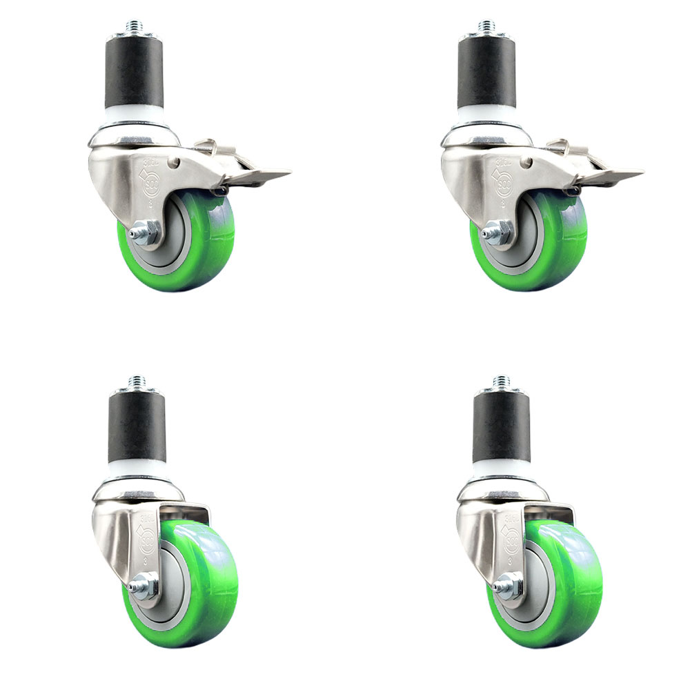 Polyurethane Swivel Stem Caster Set of 4 with 3 Inch Green Caster Wheels - 1-3/4" Expanding Stem -316 Stainless Steel Casters-Includes 2 Swivel with Total Lock Brakes and 2 Swivel-Service Caster Brand — photo 1
