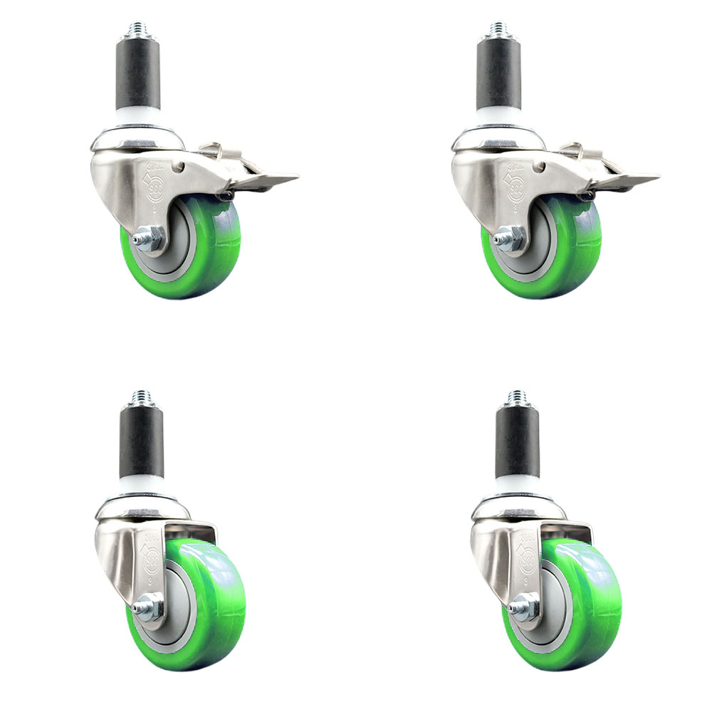 Polyurethane Swivel Stem Caster Set of 4 with 3 Inch Green Caster Wheels - 1-3/8" Expanding Stem -316 Stainless Steel Casters-Includes 2 Swivel with Total Lock Brakes and 2 Swivel-Service Caster Brand — photo 1