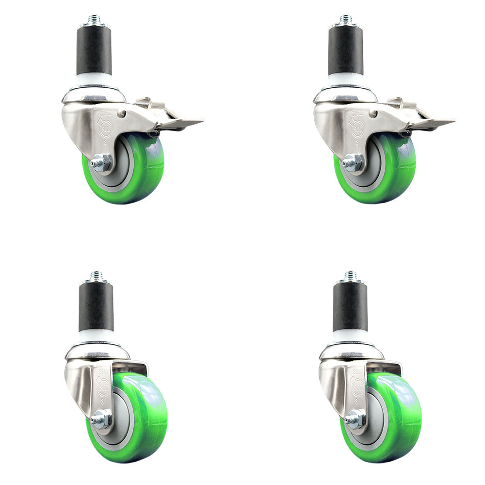 Polyurethane Swivel Stem Caster Set of 4 with 3 Inch Green Caster Wheels - 1-5/8" Expanding Stem -316 Stainless Steel Casters-Includes 2 Swivel with Total Lock Brakes and 2 Swivel-Service Caster Brand — photo 1