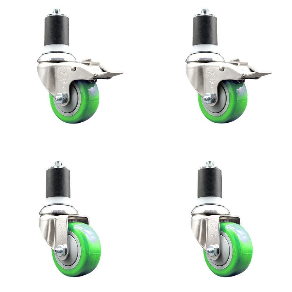 Polyurethane Swivel Stem Caster Set of 4 with 3 Inch Green Caster Wheels - 1-7/8" Expanding Stem -316 Stainless Steel Casters-Includes 2 Swivel with Total Lock Brakes and 2 Swivel-Service Caster Brand — photo 1