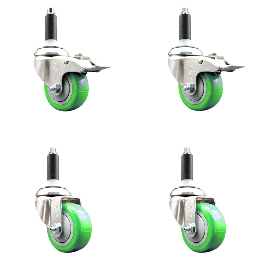 Polyurethane Swivel Stem Caster Set of 4 with 3 Inch Green Caster Wheels - 3/4" Expanding Stem -316 Stainless Steel Casters - Includes 2 Swivel with Total Lock Brakes and 2 Swivel-Service Caster Brand — photo 1