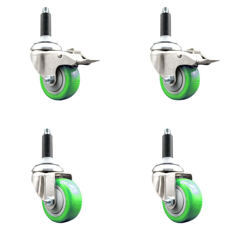 Polyurethane Swivel Stem Caster Set of 4 with 3 Inch Green Caster Wheels - 7/8" Expanding Stem -316 Stainless Steel Casters - Includes 2 Swivel with Total Lock Brakes and 2 Swivel-Service Caster Brand — photo 1