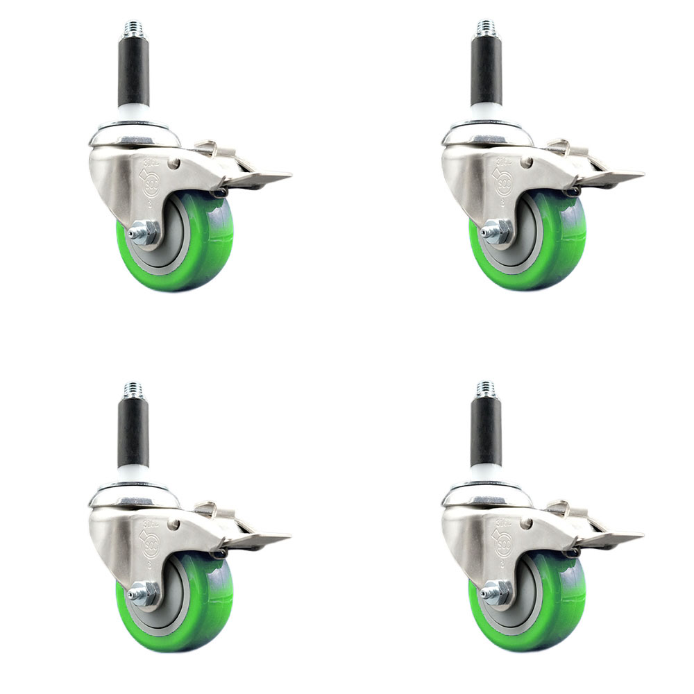 Polyurethane Swivel Stem Caster Set of 4 with 3 Inch Green Caster Wheels - 3/4" Expanding Stems - 316 Stainless Steel Casters - Includes 4 Swivel Casters with Total Lock Brakes - Service Caster Brand — photo 1