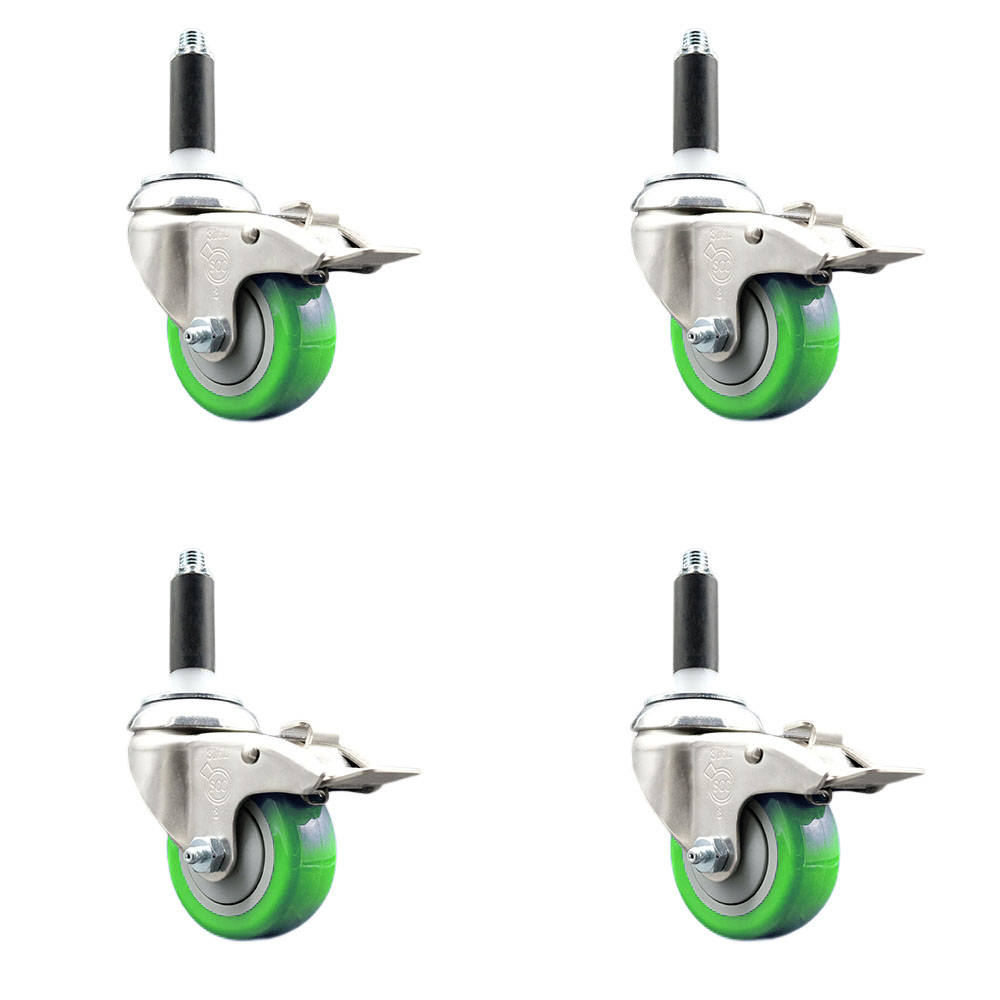 Polyurethane Swivel Stem Caster Set of 4 with 3 Inch Green Caster Wheels - 7/8" Expanding Stems - 316 Stainless Steel Casters - Includes 4 Swivel Casters with Total Lock Brakes - Service Caster Brand — photo 1