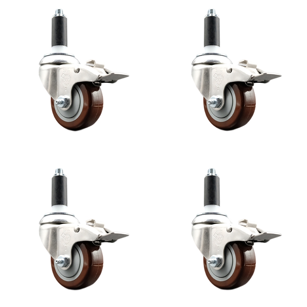 Polyurethane Swivel Stem Caster Set of 4 with 3 Inch Maroon Caster Wheels - 1" Expanding Stems - 316 Stainless Steel Casters - Includes 4 Swivel Casters with Total Lock Brakes - Service Caster Brand — photo 1