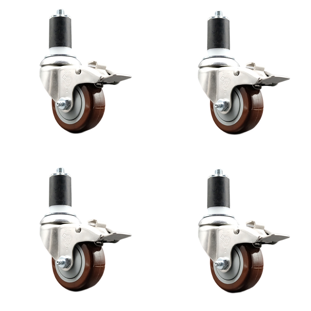 Polyurethane Swivel Stem Caster Set of 4 with 3 Inch Maroon Caster Wheels - 1-1/2" Expanding Stems - 316 Stainless Steel Casters - Includes 4 Swivel Casters with Total Lock Brakes-Service Caster Brand — photo 1