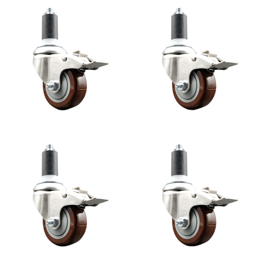 Polyurethane Swivel Stem Caster Set of 4 with 3.5 Inch Maroon Caster Wheels - 1-1/4" Expanding Stems - 316 Stainless Steel Casters-Includes 4 Swivel Casters with Total Lock Brakes-Service Caster Brand — photo 1