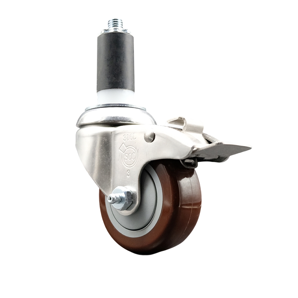 Polyurethane Swivel Stem Caster with 3 Inch Maroon Caster Wheel and Total Lock Brake - 1-1/4" Expanding Stem - 316 Stainless Steel Caster - 300 lbs. Capacity Per Caster - Service Caster Brand — photo 1