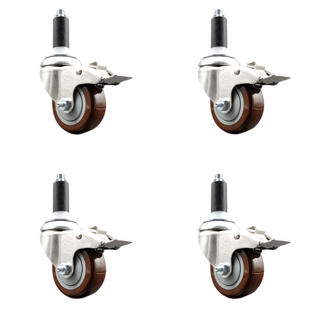 Polyurethane Swivel Stem Caster Set of 4 with 3 Inch Maroon Caster Wheels - 1-1/8" Expanding Stems - 316 Stainless Steel Casters - Includes 4 Swivel Casters with Total Lock Brakes-Service Caster Brand — photo 1