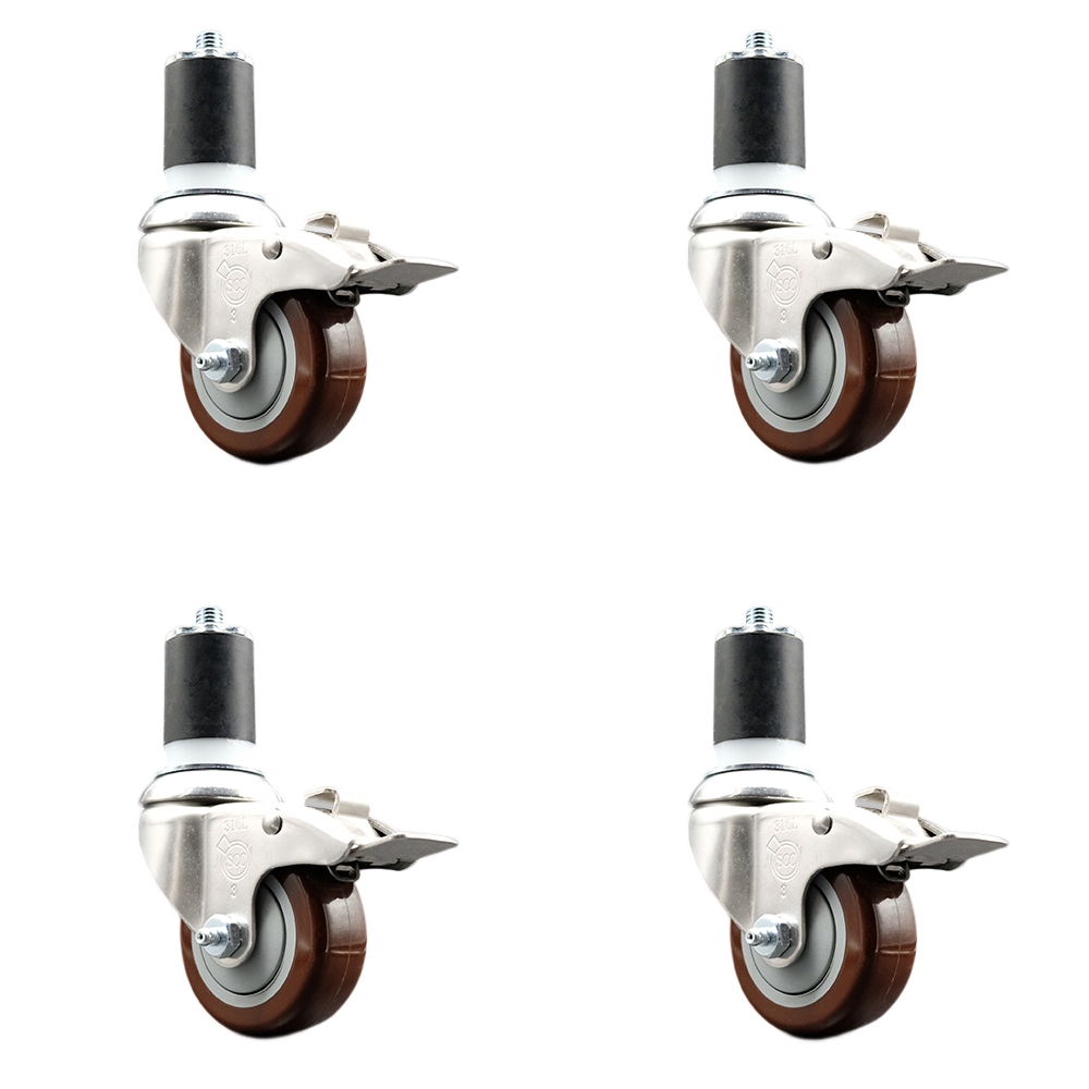 Polyurethane Swivel Stem Caster Set of 4 with 3 Inch Maroon Caster Wheels - 1-3/4" Expanding Stems - 316 Stainless Steel Casters - Includes 4 Swivel Casters with Total Lock Brakes-Service Caster Brand — photo 1