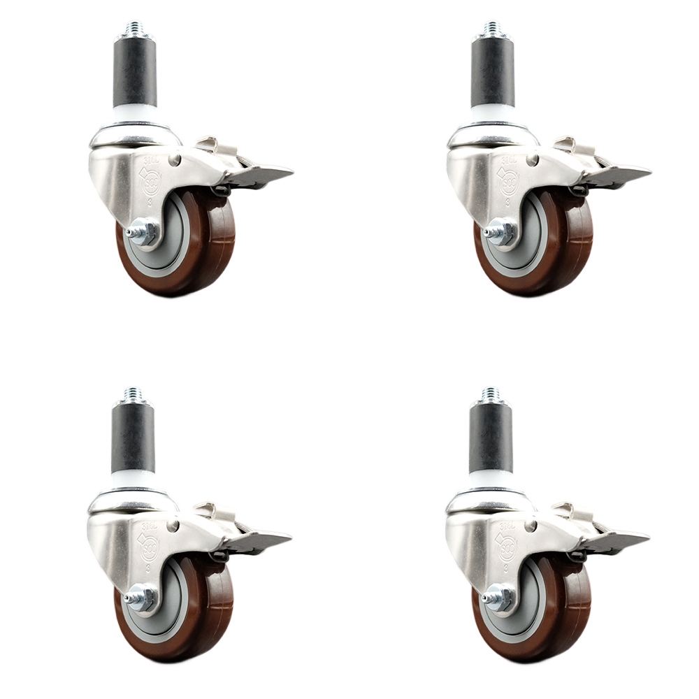 Polyurethane Swivel Stem Caster Set of 4 with 3 Inch Maroon Caster Wheels - 1-3/8" Expanding Stems - 316 Stainless Steel Casters - Includes 4 Swivel Casters with Total Lock Brakes-Service Caster Brand — photo 1