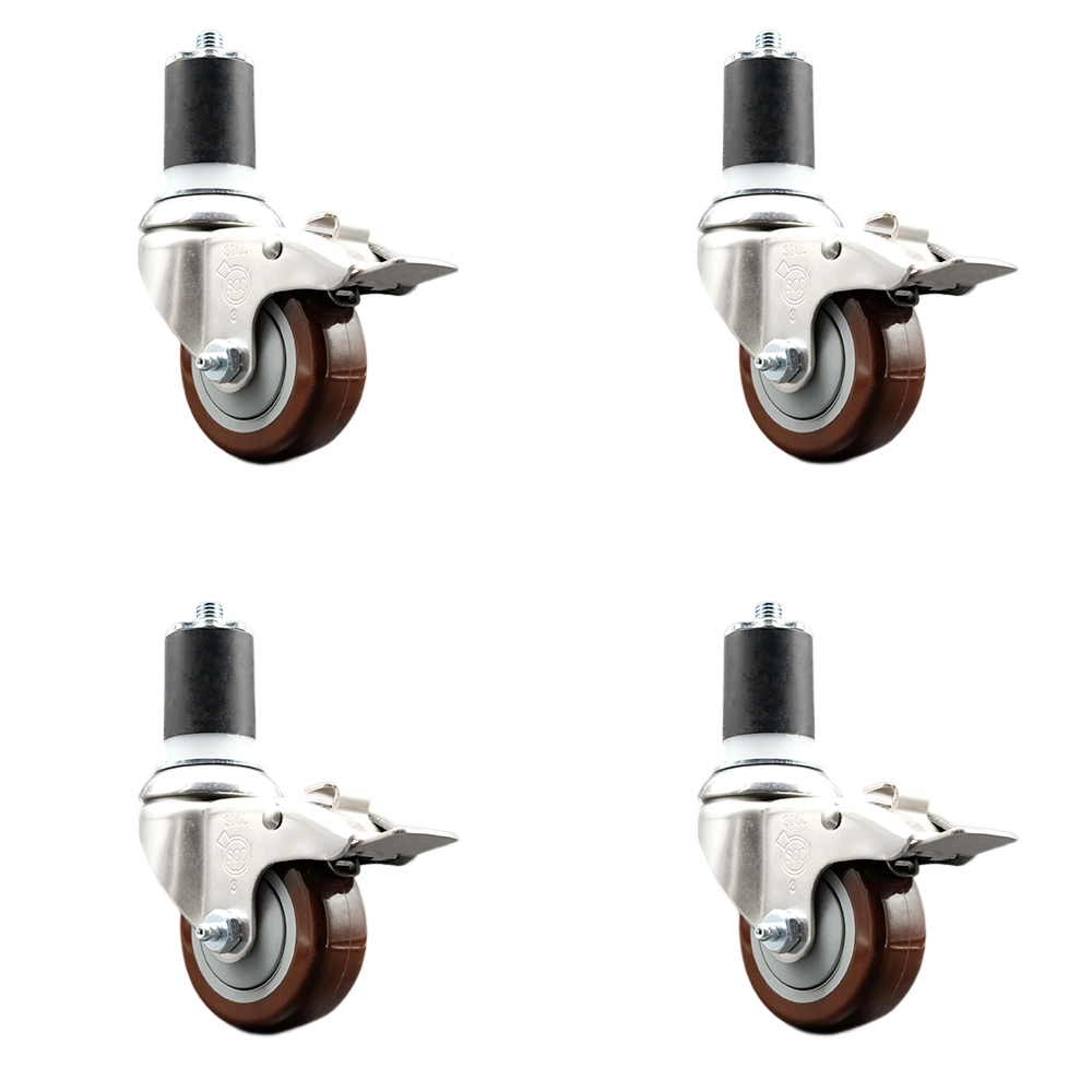 Polyurethane Swivel Stem Caster Set of 4 with 3.5 Inch Maroon Caster Wheels - 1-7/8" Expanding Stems - 316 Stainless Steel Casters-Includes 4 Swivel Casters with Total Lock Brakes-Service Caster Brand — photo 1
