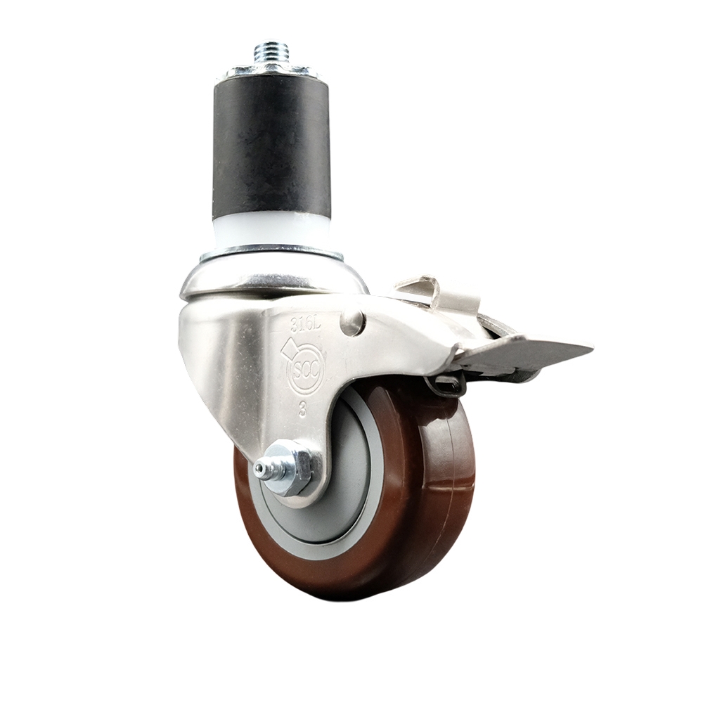Polyurethane Swivel Stem Caster with 3.5 Inch Maroon Caster Wheel and Total Lock Brake - 1-7/8" Expanding Stem - 316 Stainless Steel Caster - 300 lbs. Capacity Per Caster - Service Caster Brand — photo 1