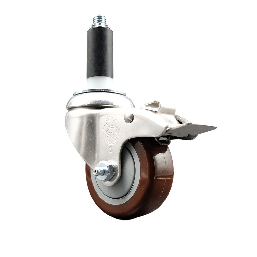 Polyurethane Swivel Stem Caster with 3.5 Inch Maroon Caster Wheel and Total Lock Brake - 1" Expanding Stem - 316 Stainless Steel Caster - 300 lbs. Capacity Per Caster - Service Caster Brand — photo 1