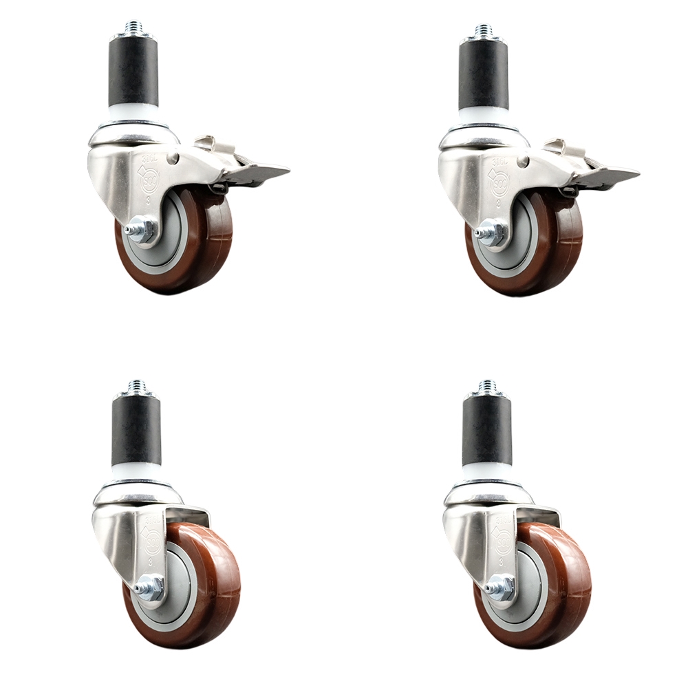 Polyurethane Swivel Stem Caster Set of 4 with 3.5 Inch Maroon Caster Wheels-1-1/2" Expanding Stem-316 Stainless Steel Casters-Includes 2 Swivel with Total Lock Brakes and 2 Swivel-Service Caster Brand — photo 1