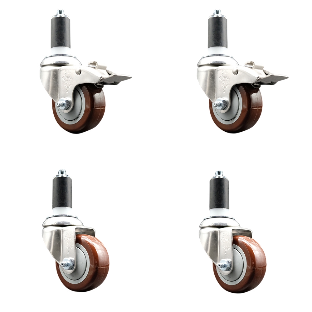 Polyurethane Swivel Stem Caster Set of 4 with 3 Inch Maroon Caster Wheels - 1-1/4" Expanding Stem-316 Stainless Steel Casters-Includes 2 Swivel with Total Lock Brakes and 2 Swivel-Service Caster Brand — photo 1