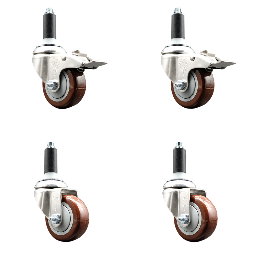 Polyurethane Swivel Stem Caster Set of 4 with 3.5 Inch Maroon Caster Wheels-1-1/8" Expanding Stem-316 Stainless Steel Casters-Includes 2 Swivel with Total Lock Brakes and 2 Swivel-Service Caster Brand — photo 1