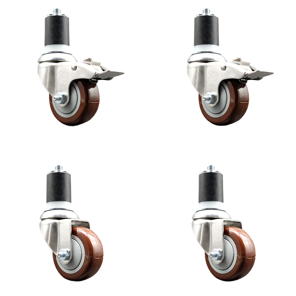 Polyurethane Swivel Stem Caster Set of 4 with 3.5 Inch Maroon Caster Wheels-1-3/4" Expanding Stem-316 Stainless Steel Casters-Includes 2 Swivel with Total Lock Brakes and 2 Swivel-Service Caster Brand — photo 1