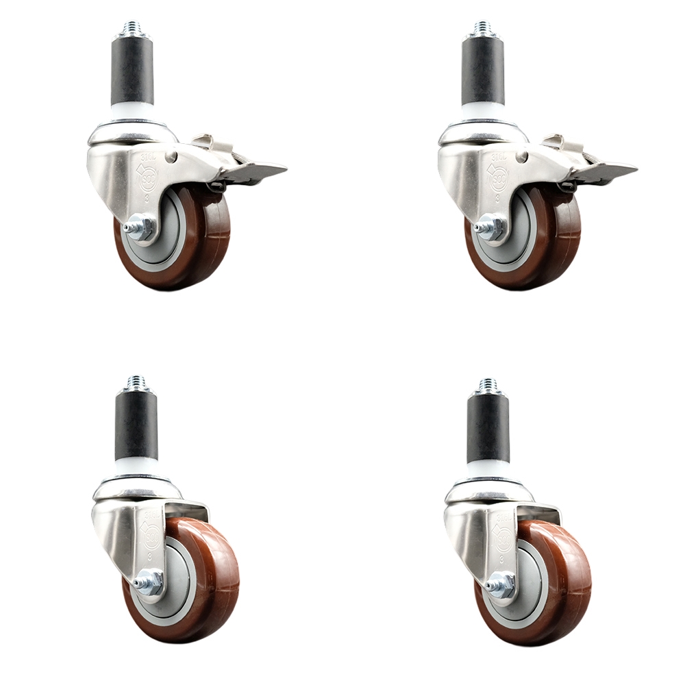 Polyurethane Swivel Stem Caster Set of 4 with 3 Inch Maroon Caster Wheels - 1-3/8" Expanding Stem-316 Stainless Steel Casters-Includes 2 Swivel with Total Lock Brakes and 2 Swivel-Service Caster Brand — photo 1
