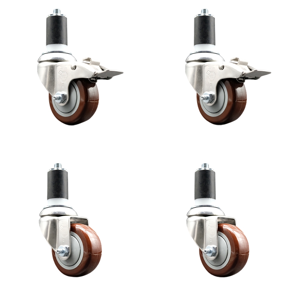 Polyurethane Swivel Stem Caster Set of 4 with 3 Inch Maroon Caster Wheels - 1-5/8" Expanding Stem-316 Stainless Steel Casters-Includes 2 Swivel with Total Lock Brakes and 2 Swivel-Service Caster Brand — photo 1