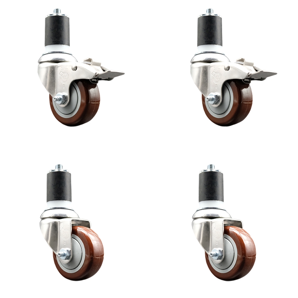 Polyurethane Swivel Stem Caster Set of 4 with 3 Inch Maroon Caster Wheels - 1-7/8" Expanding Stem-316 Stainless Steel Casters-Includes 2 Swivel with Total Lock Brakes and 2 Swivel-Service Caster Brand — photo 1