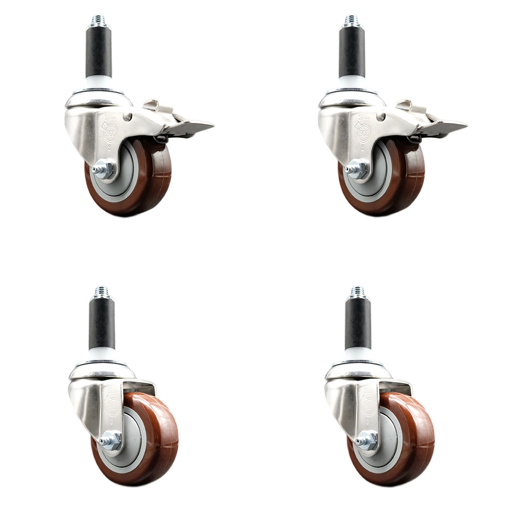 Polyurethane Swivel Stem Caster Set of 4 with 3.5 Inch Maroon Caster Wheels - 1" Expanding Stem-316 Stainless Steel Casters - Includes 2 Swivel with Total Lock Brakes and 2 Swivel-Service Caster Brand — photo 1