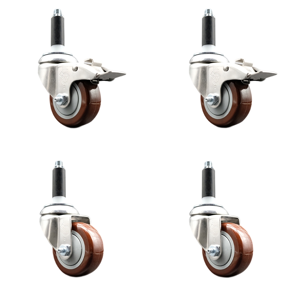 Polyurethane Swivel Stem Caster Set of 4 with 3 Inch Maroon Caster Wheels - 3/4" Expanding Stem-316 Stainless Steel Casters - Includes 2 Swivel with Total Lock Brakes and 2 Swivel-Service Caster Brand — photo 1