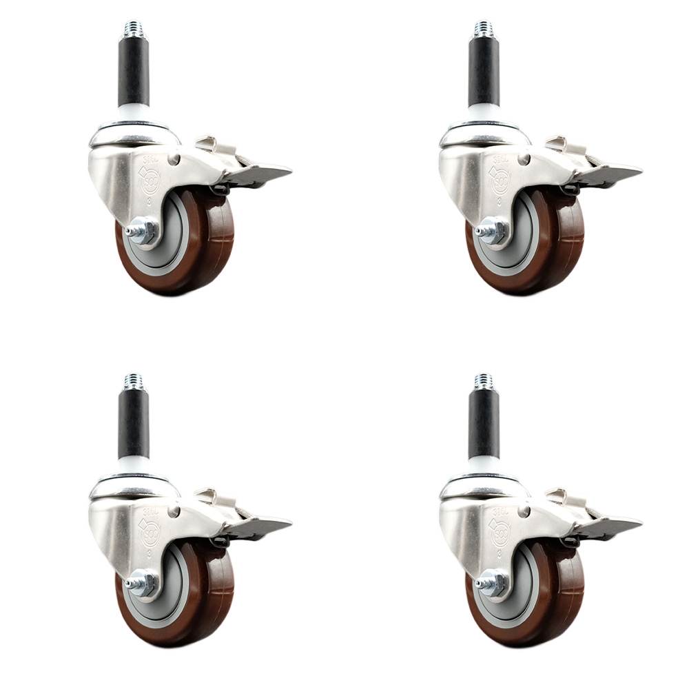 Polyurethane Swivel Stem Caster Set of 4 with 3 Inch Maroon Caster Wheels - 3/4" Expanding Stems - 316 Stainless Steel Casters - Includes 4 Swivel Casters with Total Lock Brakes - Service Caster Brand — photo 1