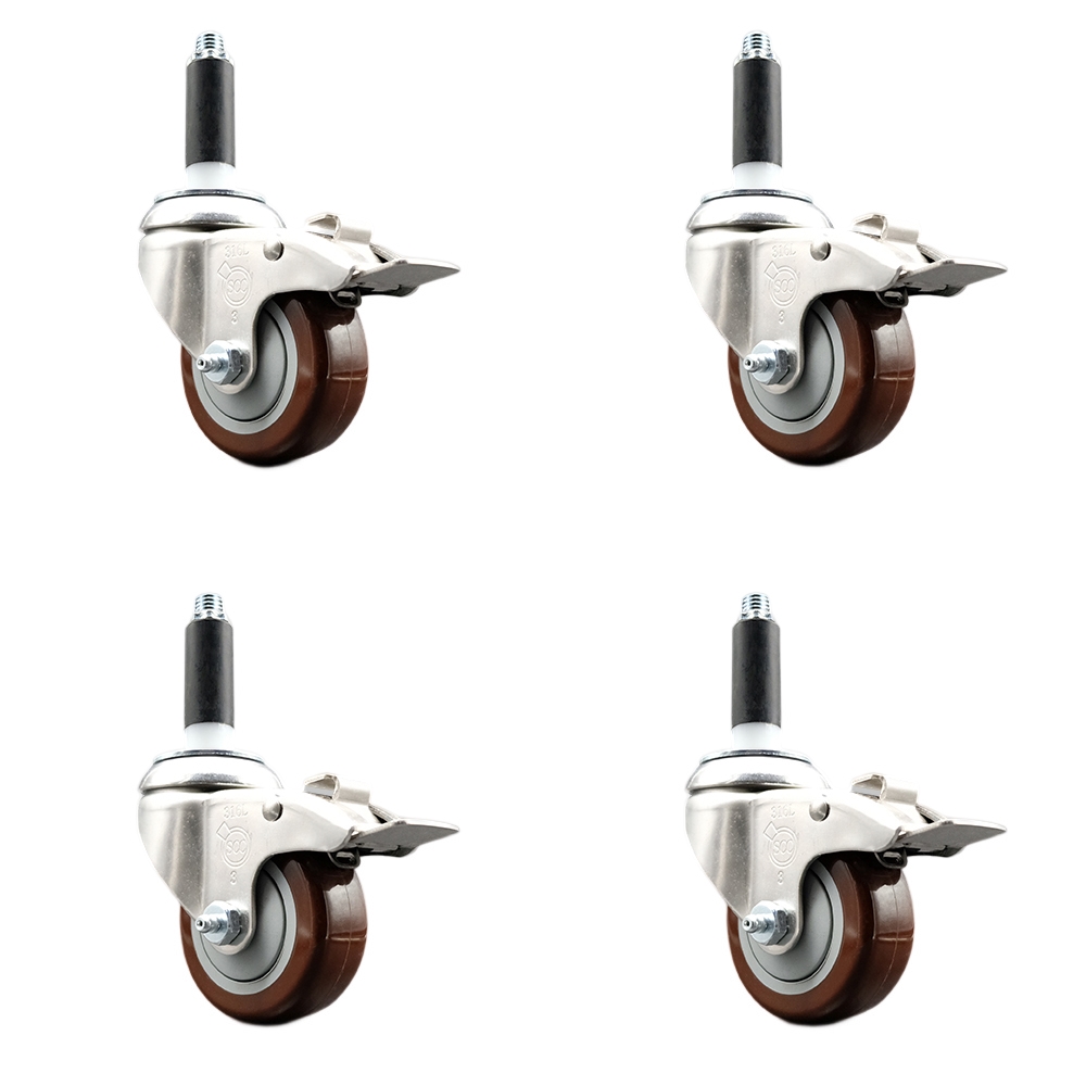 Polyurethane Swivel Stem Caster Set of 4 with 3 Inch Maroon Caster Wheels - 7/8" Expanding Stems - 316 Stainless Steel Casters - Includes 4 Swivel Casters with Total Lock Brakes - Service Caster Brand — photo 1