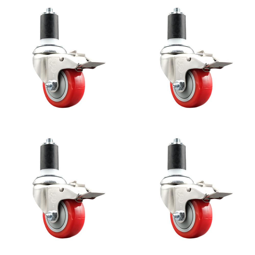 Polyurethane Swivel Stem Caster Set of 4 with 3 Inch Red Caster Wheels - 1-1/2" Expanding Stems - 316 Stainless Steel Casters - Includes 4 Swivel Casters with Total Lock Brakes- Service Caster Brand — photo 1