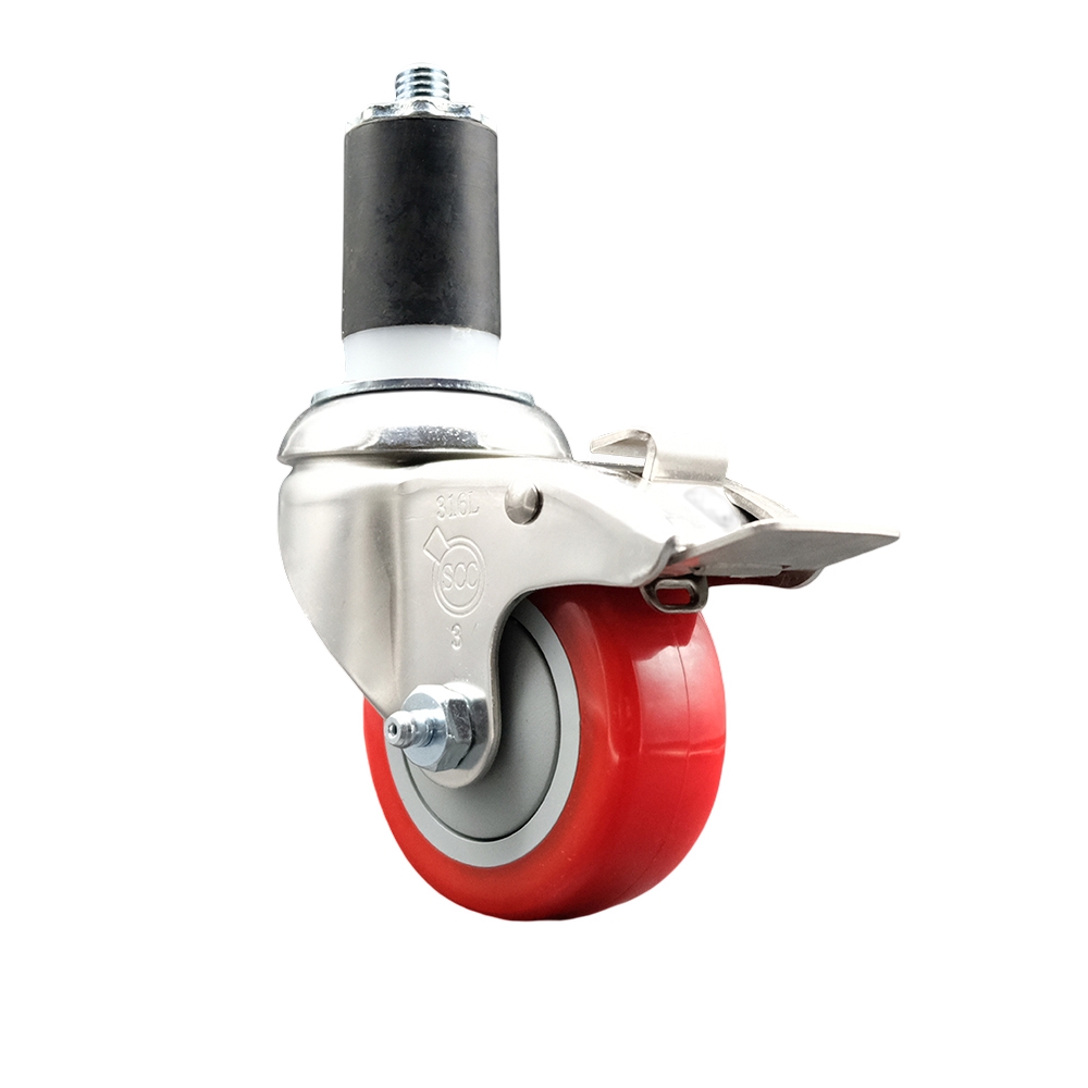 Polyurethane Swivel Stem Caster with 3 Inch Red Caster Wheel and Total Lock Brake - 1-1/2" Expanding Stem - 316 Stainless Steel Caster - 300 lbs. Capacity Per Caster - Service Caster Brand — photo 1