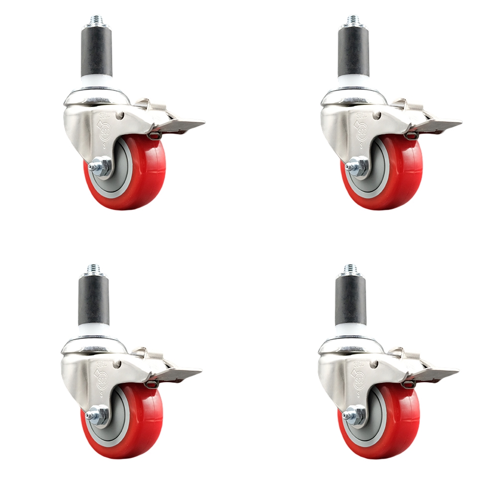 Polyurethane Swivel Stem Caster Set of 4 with 3 Inch Red Caster Wheels - 1-1/4" Expanding Stems - 316 Stainless Steel Casters - Includes 4 Swivel Casters with Total Lock Brakes- Service Caster Brand — photo 1