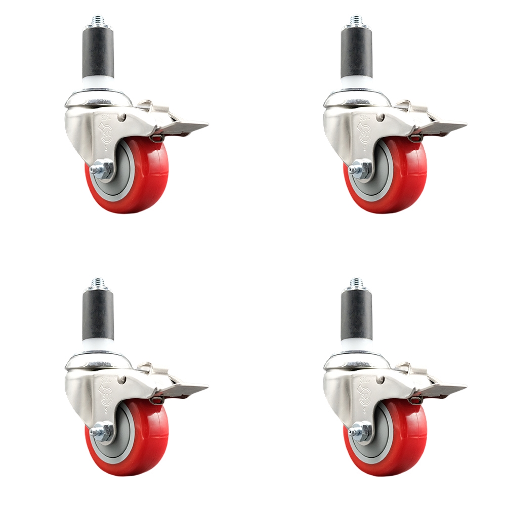 Polyurethane Swivel Stem Caster Set of 4 with 3.5 Inch Red Caster Wheels - 1-3/8" Expanding Stems - 316 Stainless Steel Casters-Includes 4 Swivel Casters with Total Lock Brakes- Service Caster Brand — photo 1