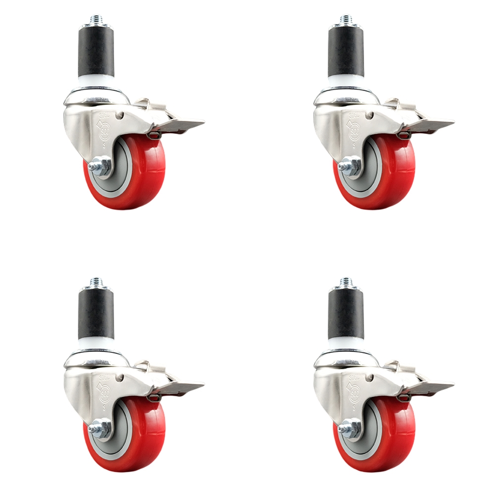 Polyurethane Swivel Stem Caster Set of 4 with 3 Inch Red Caster Wheels - 1-5/8" Expanding Stems - 316 Stainless Steel Casters - Includes 4 Swivel Casters with Total Lock Brakes- Service Caster Brand — photo 1