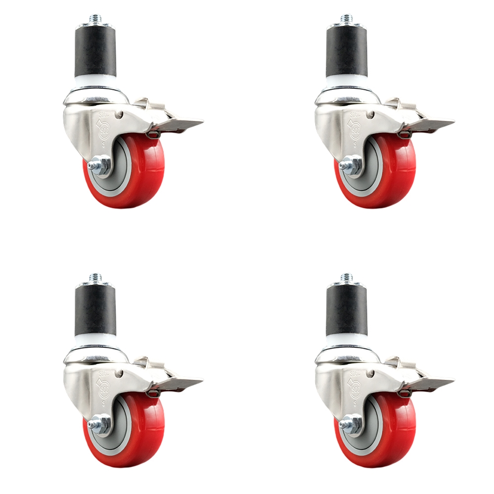 Polyurethane Swivel Stem Caster Set of 4 with 3 Inch Red Caster Wheels - 1-7/8" Expanding Stems - 316 Stainless Steel Casters - Includes 4 Swivel Casters with Total Lock Brakes- Service Caster Brand — photo 1