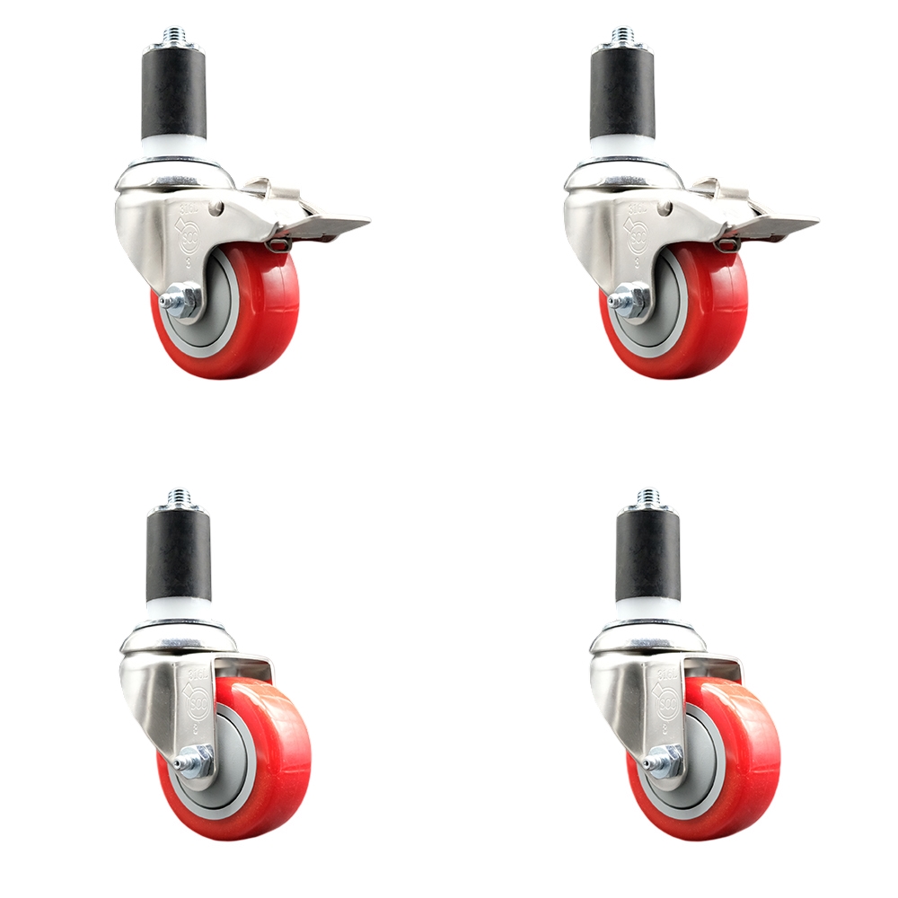 Polyurethane Swivel Stem Caster Set of 4 with 3 Inch Red Caster Wheels - 1-1/2" Expanding Stem -316 Stainless Steel Casters-Includes 2 Swivel with Total Lock Brakes and 2 Swivel-Service Caster Brand — photo 1