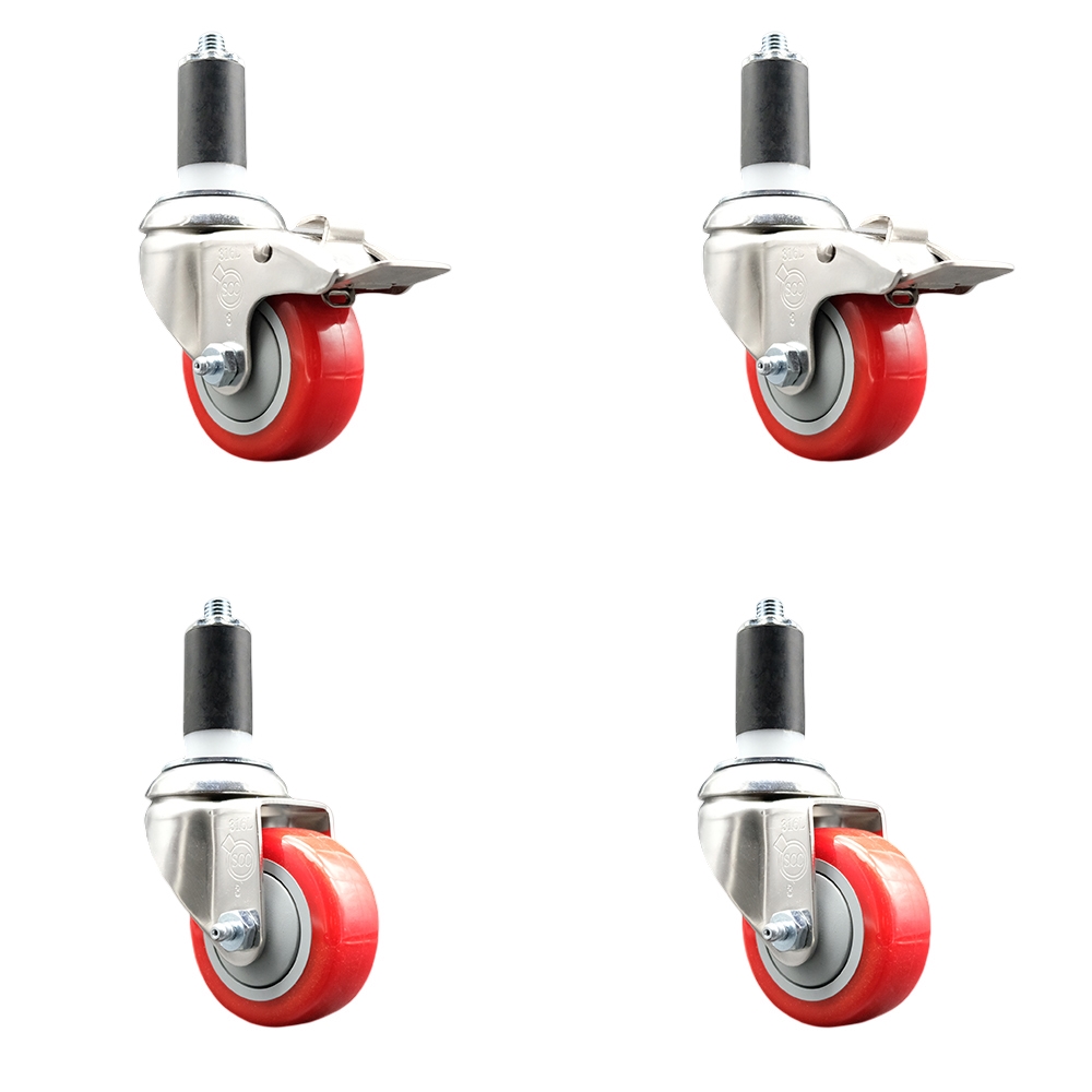 Polyurethane Swivel Stem Caster Set of 4 with 3.5 Inch Red Caster Wheels- 1-1/4" Expanding Stem-316 Stainless Steel Casters-Includes 2 Swivel with Total Lock Brakes and 2 Swivel-Service Caster Brand — photo 1