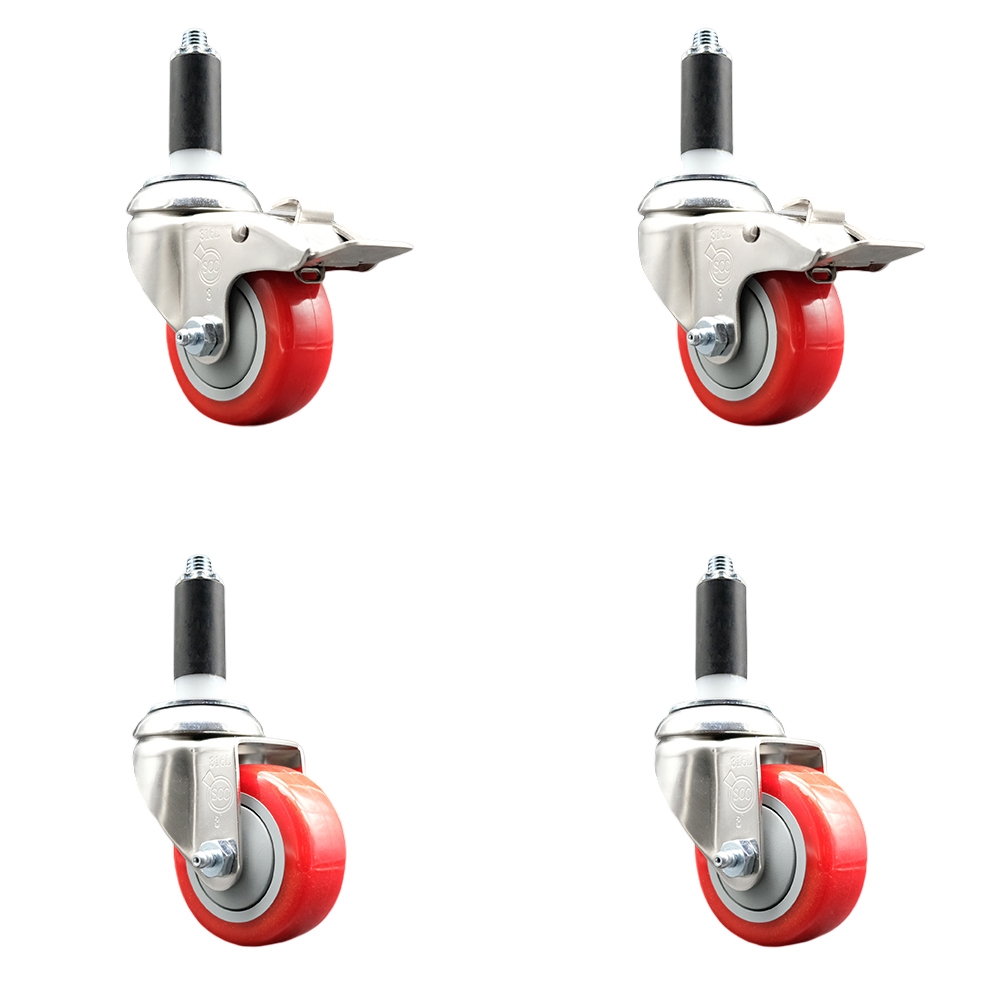Polyurethane Swivel Stem Caster Set of 4 with 3 Inch Red Caster Wheels - 1-1/8" Expanding Stem -316 Stainless Steel Casters-Includes 2 Swivel with Total Lock Brakes and 2 Swivel-Service Caster Brand — photo 1