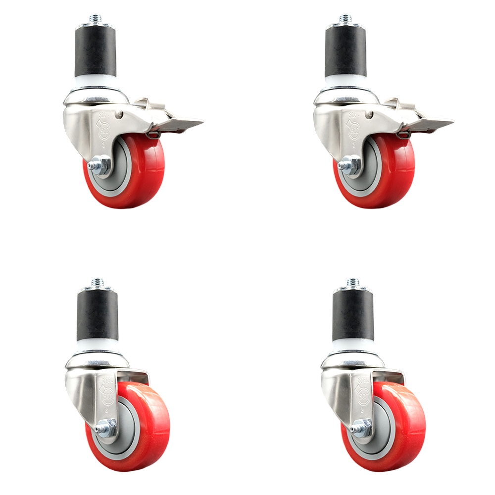 Polyurethane Swivel Stem Caster Set of 4 with 3.5 Inch Red Caster Wheels- 1-3/4" Expanding Stem-316 Stainless Steel Casters-Includes 2 Swivel with Total Lock Brakes and 2 Swivel-Service Caster Brand — photo 1
