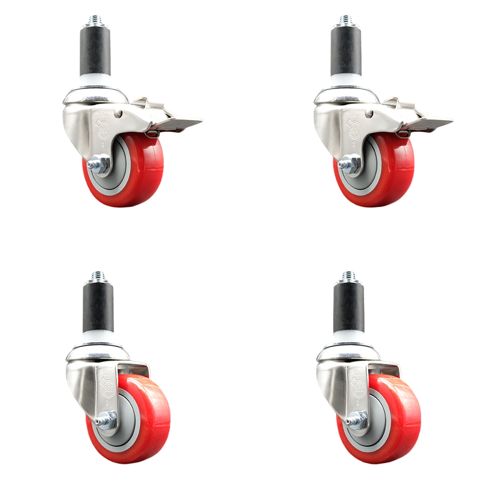 Polyurethane Swivel Stem Caster Set of 4 with 3 Inch Red Caster Wheels - 1-3/8" Expanding Stem -316 Stainless Steel Casters-Includes 2 Swivel with Total Lock Brakes and 2 Swivel-Service Caster Brand — photo 1