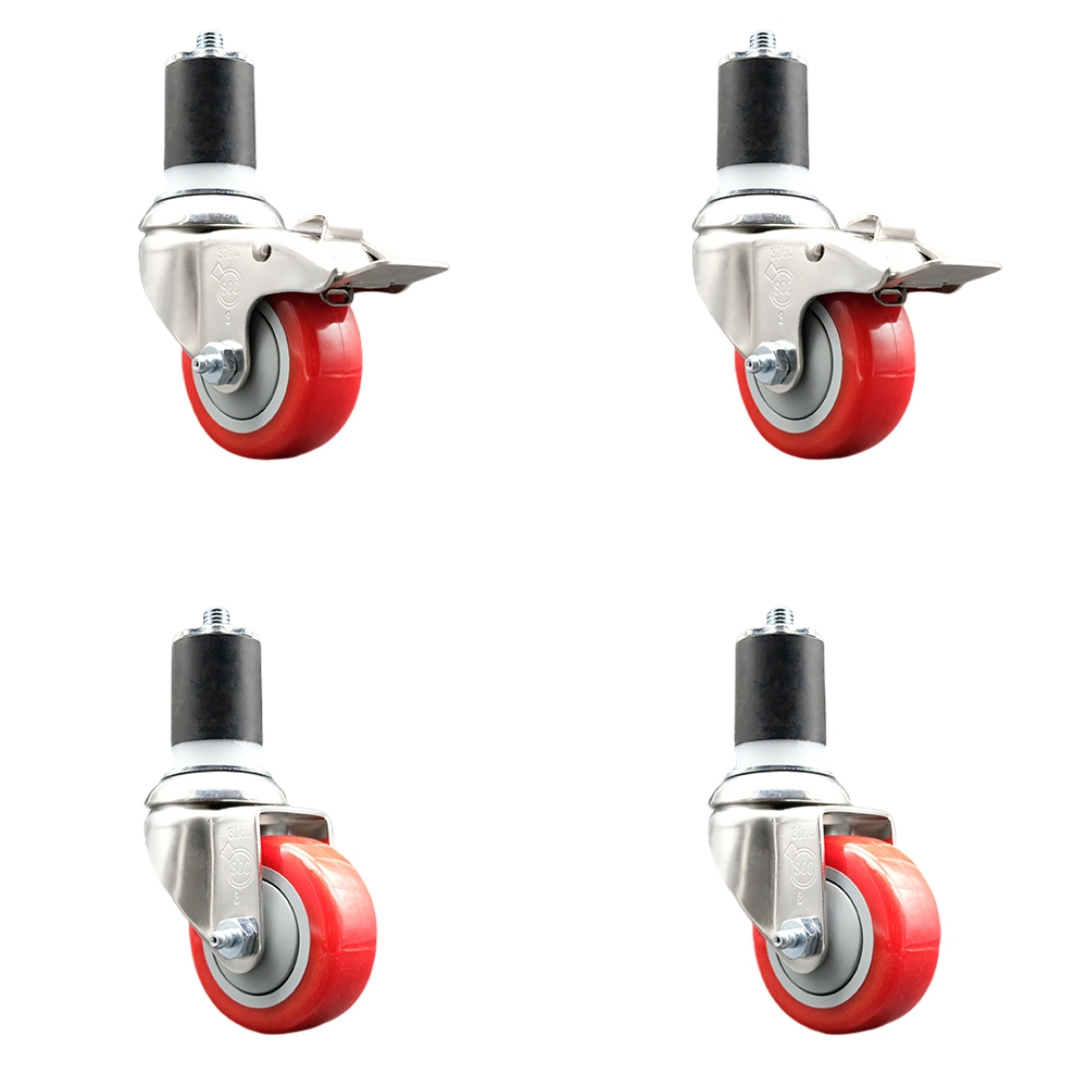 Polyurethane Swivel Stem Caster Set of 4 with 3.5 Inch Red Caster Wheels- 1-7/8" Expanding Stem-316 Stainless Steel Casters-Includes 2 Swivel with Total Lock Brakes and 2 Swivel-Service Caster Brand — photo 1