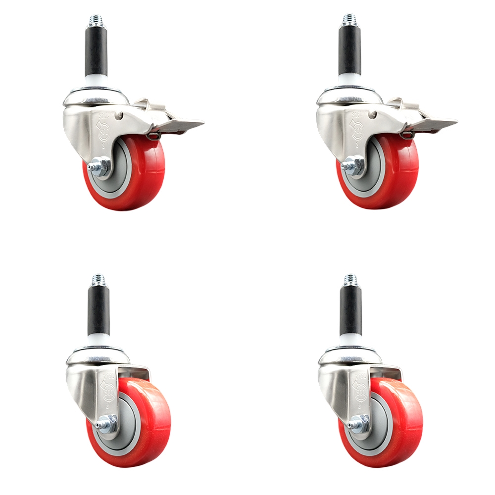 Polyurethane Swivel Stem Caster Set of 4 with 3 Inch Red Caster Wheels - 7/8" Expanding Stem -316 Stainless Steel Casters - Includes 2 Swivel with Total Lock Brakes and 2 Swivel-Service Caster Brand — photo 1