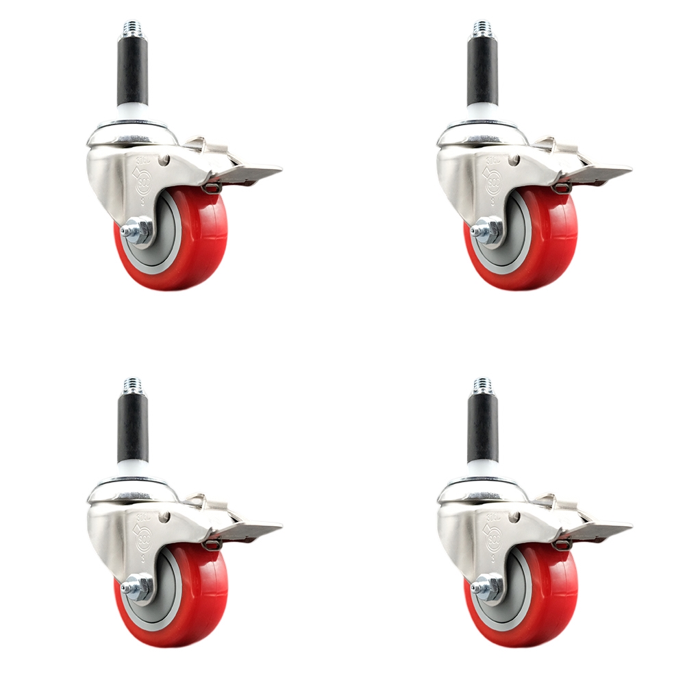 Polyurethane Swivel Stem Caster Set of 4 with 3.5 Inch Red Caster Wheels - 3/4" Expanding Stems - 316 Stainless Steel Casters - Includes 4 Swivel Casters with Total Lock Brakes- Service Caster Brand — photo 1