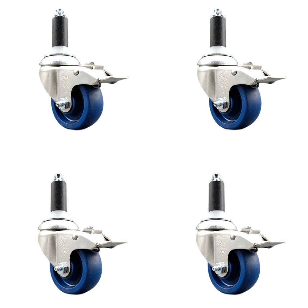 Solid Polyurethane Swivel Stem Caster Set of 4 with 3.5 Inch Blue Caster Wheels - 1" Expanding Stems-316 Stainless Steel Casters - Includes 4 Swivel Casters with Total Lock Brakes-Service Caster Brand — photo 1