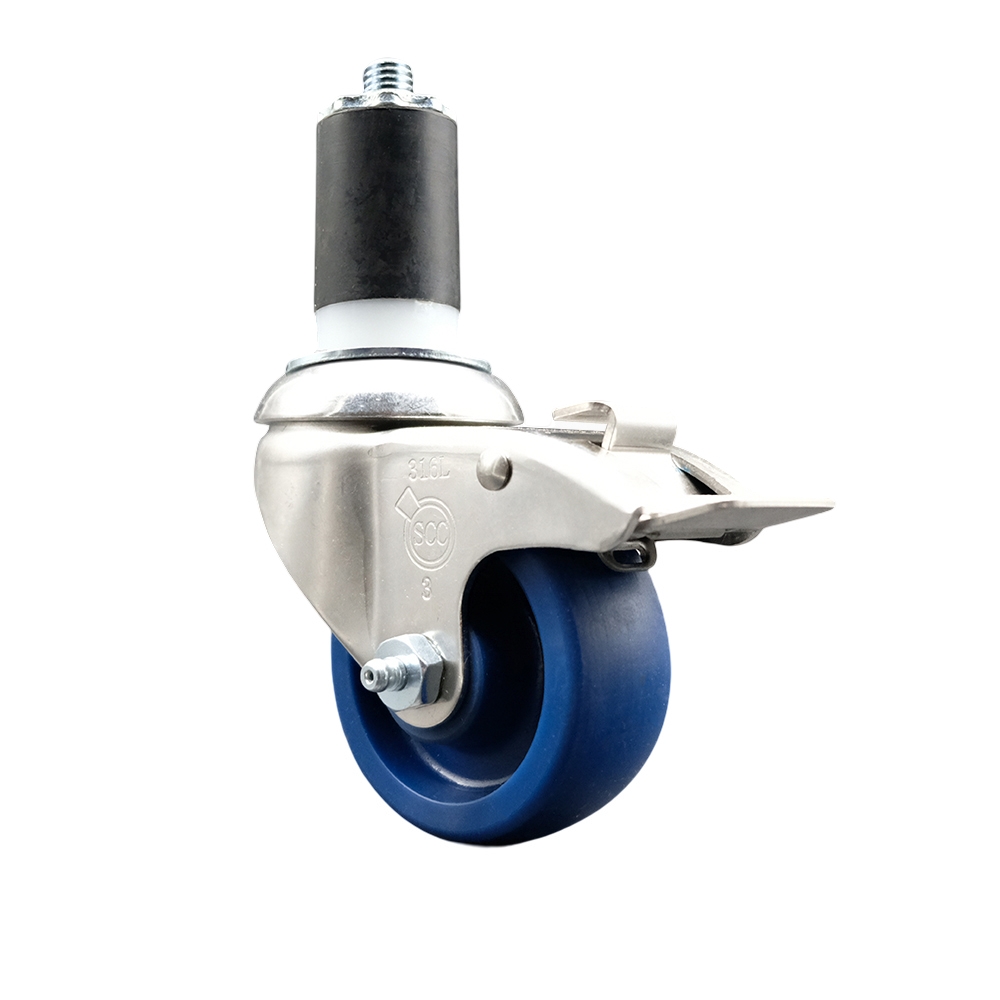 Solid Polyurethane Swivel Stem Caster with 3 Inch Blue Caster Wheel and Total Lock Brake - 1-1/2" Expanding Stem - 316 Stainless Steel Caster - 300 lbs. Capacity Per Caster - Service Caster Brand — photo 1